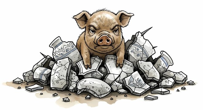 Cartoon pig sleeping on pile of broken glass, messy rubble concept illustration, broken bottle shards and debris, chaotic waste background, funny farm animal graphic