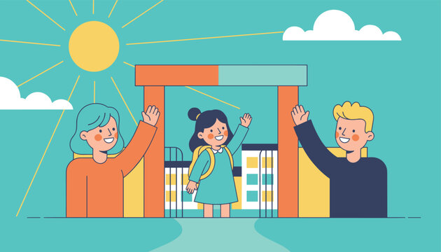 Happy mother and father waving goodbye to their young daughter going to school on her first day of class.