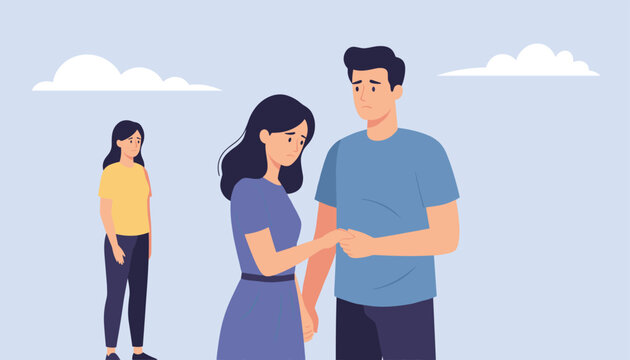 Sad young couple holding hands with a disappointed woman standing in the background representing jealousy or heartbreak.