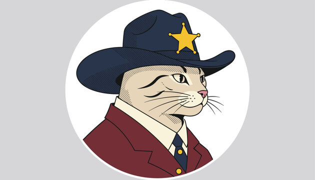 Portrait of a cool domestic cat dressed as a western sheriff wearing a cowboy hat with a star badge and a red suit coat.