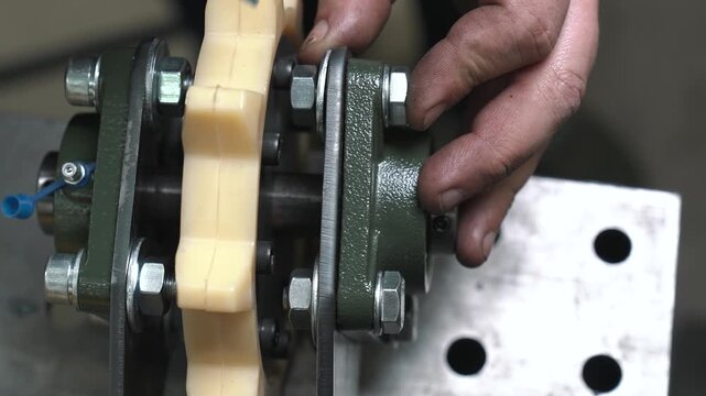 An engineer assembles a transmission mechanism with a bearing. He inserts bolts into the grooves, installs washers, and tightens the nuts with a hex wrench. Then checks the mechanism's functionality