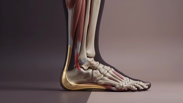 Achilles tendon, foot and muscle anatomy for medical education, sports injury and physical therapy. Skeletal leg, bone structure and ligament with orthopedic health, workout pain and body science