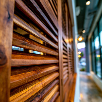 Close up of rustic wooden window shutters in a modern interior hallway