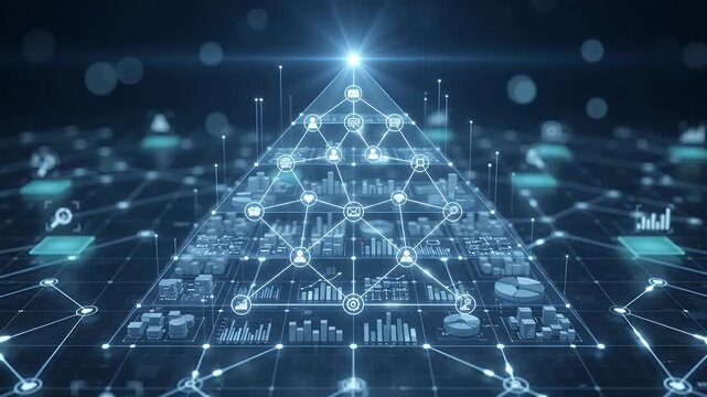 Digital business pyramid and data analytics for corporate strategy, marketing success and network growth. Technology, big data and statistics with financial charts, global connectivity and commerce