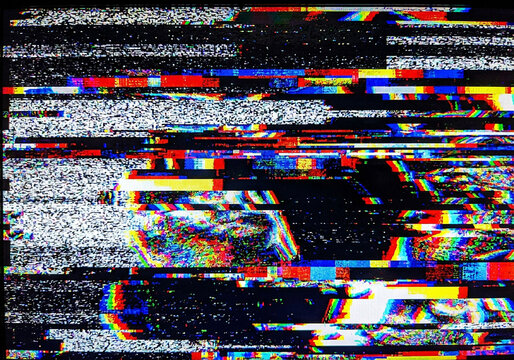 Digital glitch background with static noise. Distorted screen effect with colorful signal.