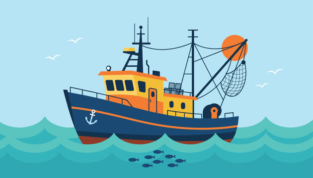 Industrial fishing trawler ship sailing on ocean waves with fish nets and seagulls under a bright orange sunset sky.