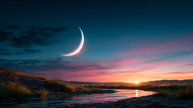 Scenic crescent moon rising above a calm river landscape at golden sunset