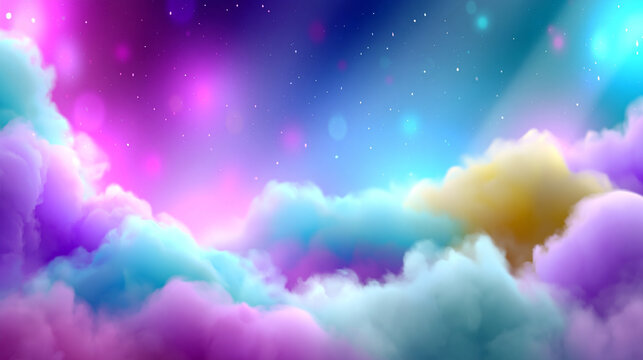 Abstract background of colorful fluffy clouds in a magical starry night sky