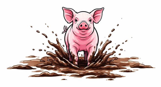 Cute pink pig splashing in brown mud, happy farm animal character, playful piglet jumping in a puddle on white background