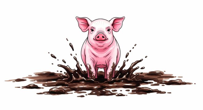 Cute pink piglet jumping in mud puddle, playful farm animal splashing in brown dirt, happy pig character illustration on white background