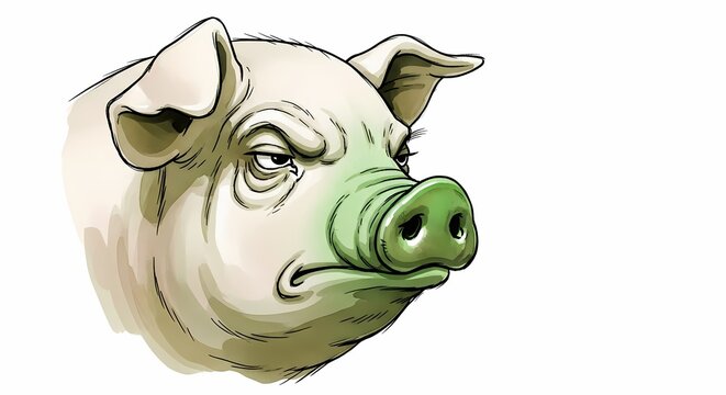 Angry pig illustration, grumpy farm animal head with mean expression, tough hog character art on white background