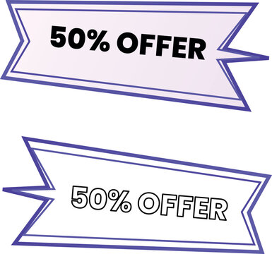 Two modern minimalist promotional banner designs featuring a fifty percent discount offer displayed in bold black typography against a light purple background with geometric shapes