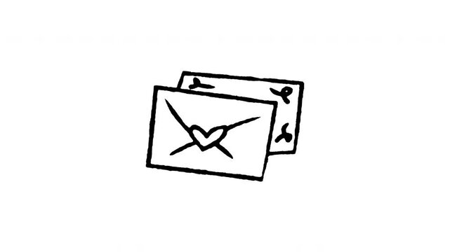 Animated 4K love letters envelopes doodle icon. Hand drawn line art on black and green screen chroma key background for romantic mail, love note, Valentine letter, and secret message edits.