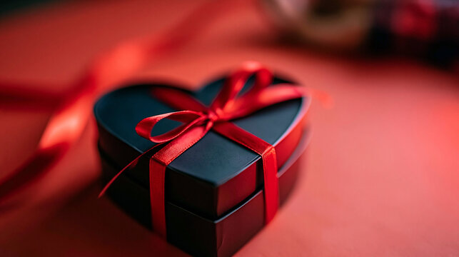 Black heart shaped gift box tied with a bright red silk ribbon on red surface