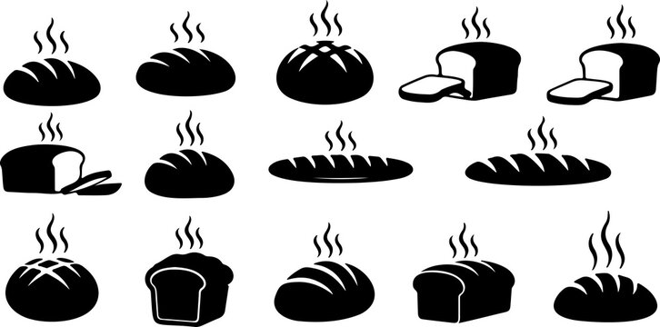 Bread silhouettes collection, bakery and food concept, minimal black vector illustration showing loaves, buns, and sliced bread with steam