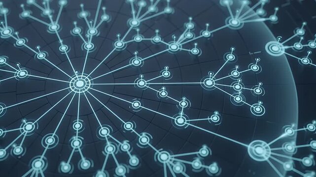 Digital data network, communication and technology with glowing blue nodes for internet connection. Big data, cyber security and global infrastructure with complex link and information flow process.