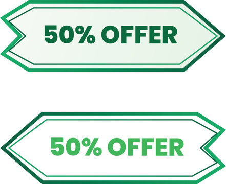 Two distinct horizontal arrow shaped promotional banner designs featuring bold green 50% offer text against a clean white background for effective digital marketing and sales