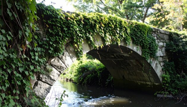 Ivy Covered Stone Arch Bridge Spanning Quiet Creek in Lush Woodland