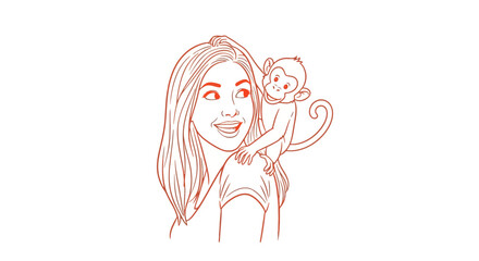 Smiling woman with baby monkey on her shoulder line art