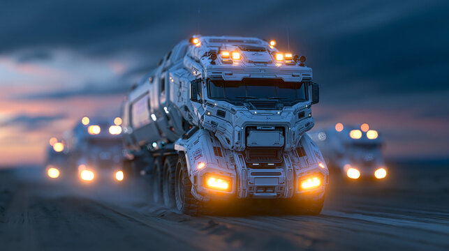 Futuristic heavy cargo semi trucks driving on a dark highway at twilight
