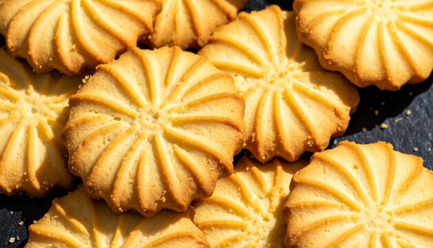 Pile of Delicious Golden Brown Flower-Shaped Butter Cookies Close-Up