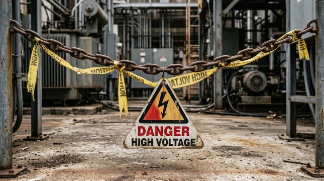 Danger High Voltage Warning Sign Hanging on Industrial Chain.