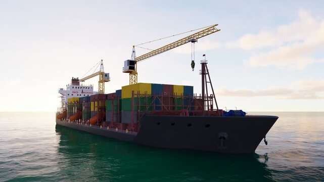 UHD container cargo ship transporting freight across the ocean, ideal for global logistics, commercial shipping, international trade, import, export, and maritime transportation content.