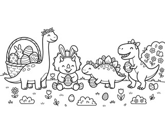 Fototapeta premium Easter Dinosaurs coloring page on an isolated white background. Generated with AI