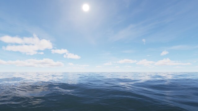 Close-up view of the ocean and blue sky with a calm horizon, natural seascape concept.