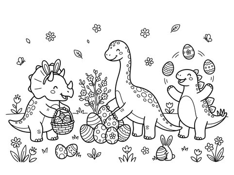 Easter Dinosaurs coloring page on an isolated white background. Generated with AI