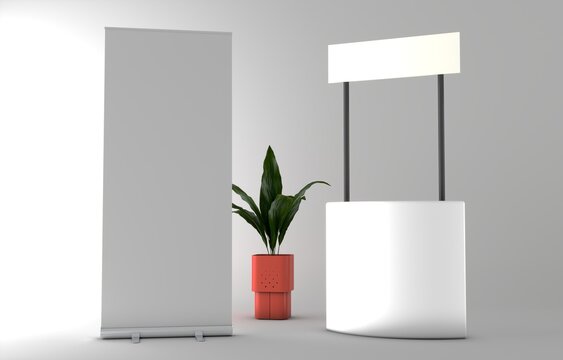 Modern market stand with a blank roll-up banner isolated on a white background, ideal for retail promotions, exhibitions, trade shows, branding, product displays, and marketing presentations.