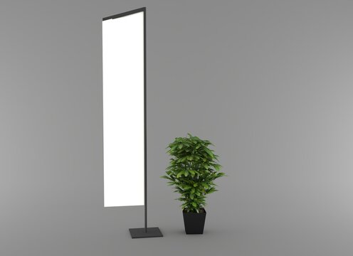 Modern blank beach flag mockup with a decorative potted tree isolated on a white background, ideal for branding, outdoor advertising, promotional displays, exhibitions, retail, and marketing presentat