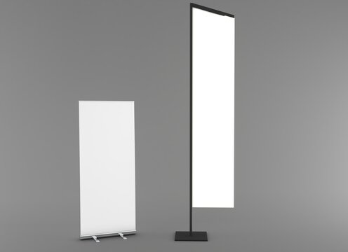 Modern blank roll-up banner and beach flag mockup isolated on a white background, ideal for branding, exhibitions, trade shows, retail promotions, advertising, and marketing presentations.