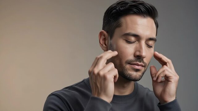 Thinking man, portrait and studio with headache, migraine or problem solving. Male, face and head with concentration, memory and ideas in casual grey shirt for health, wellness or mental state.