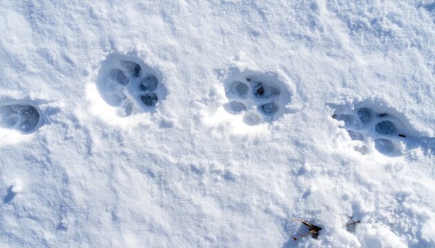 Large Animal Paw Prints Pressed Into Fresh White Snow Outdoors