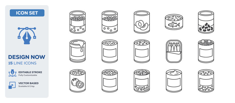 flat vector illustration line art icon bundle set design depicting food storage cans canned metal tins kitchen containers domestic storage preservation objects graphics