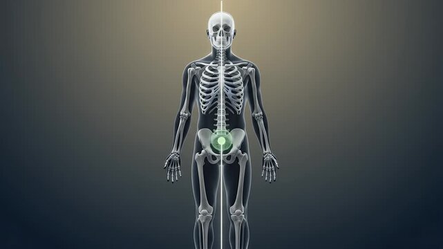 Human skeleton anatomy and medical visualization of body for healthcare, biology and science education. Bone structure, spine and pelvic scan for physical therapy, clinical study and surgery growth