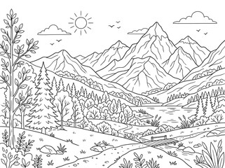 Fototapeta premium Foliage and Mountain coloring page on an isolated white background. Generated with AI