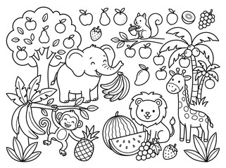Obraz premium Fruits & Animals coloring page on an isolated white background. Generated with AI