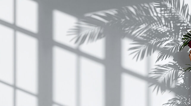 Abstract shadow of tropical plant leaves cast on a bright white wall surface