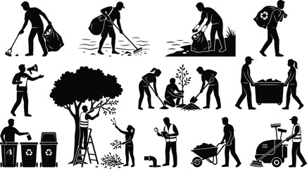 Obraz premium High quality editable vector clipart bundle set of volunteers cleaning up environment and planting trees in silhouettes