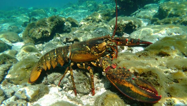 Large Brown Lobster Crawling on Rocky Seafloor in Clear Shallow Water