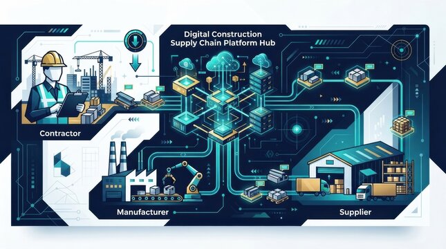 This graphic depicts the flow of information between contractors, manufacturers, and suppliers in digital construction.