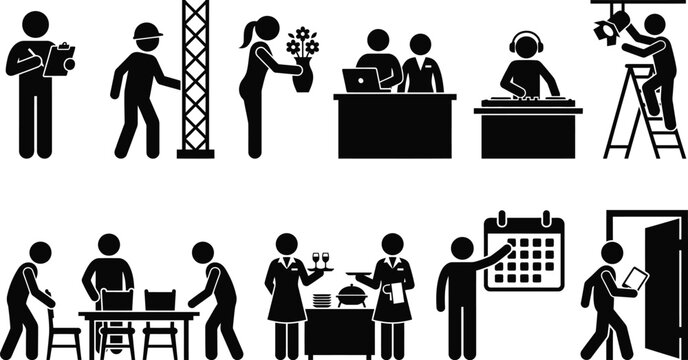 High quality editable vector clipart bundle set of event planning and professional conference staff working icons