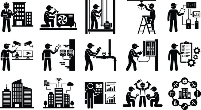 High quality editable vector clipart bundle set of industrial maintenance workers and technical facility management service icons