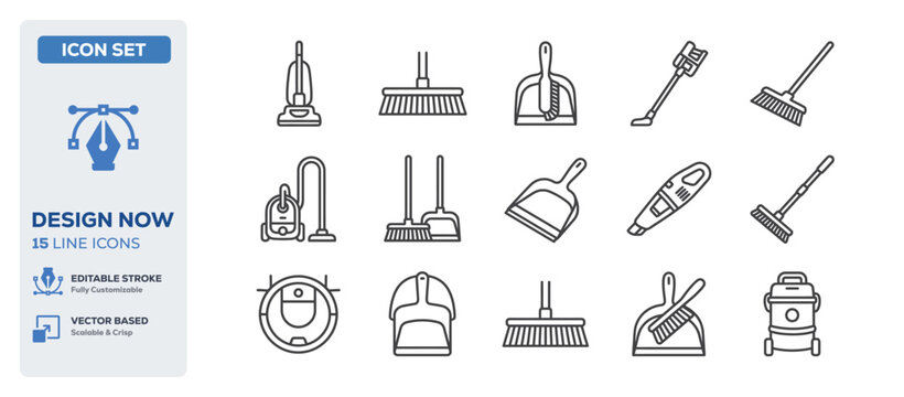 flat vector illustration line art icon bundle set design showcasing domestic house cleaning wiping equipments sweeping brooms housekeeping chore supplies dirt hygienic UI