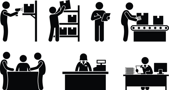 High quality editable vector clipart bundle set of warehouse logistics and office work people icon silhouettes