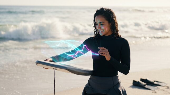 Futuristic surfer analyzing ocean waves with holographic smart board technology