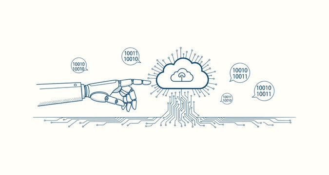 Artificial intelligence robot hand pointing at cloud technology with binary data and circuit lines