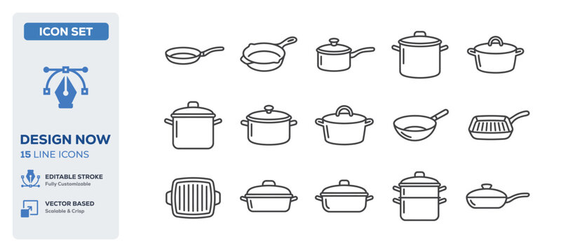 flat vector illustration line art icon bundle set design displaying kitchen domestic cooking tools food preparations hot pans culinary boiling pots chef restaurant graphic UI